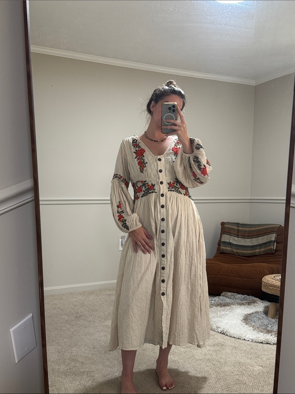 Anthropologie Cream Long-Sleeve Button Midi Dress with Red Floral Embroidery